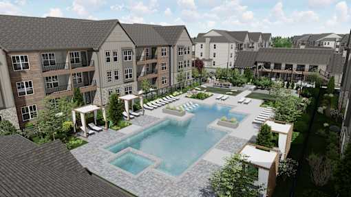 A large swimming pool is surrounded by a patio and lounge chairs. at Heritage on Hover Apartments, Longmont, 80503