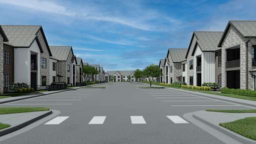 A street view of a residential area with houses on both sides at The Levi Luxury Apartments, McDonough, GA