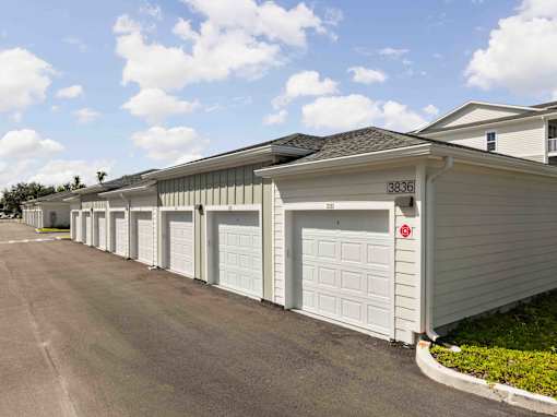 A long row of garages at Verity Luxury Apartments, Florida