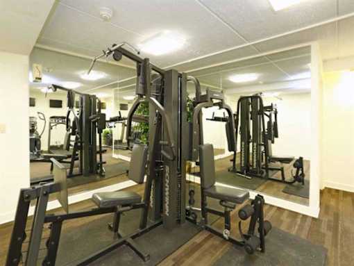 A gym with a variety of equipment including a squat rack.
