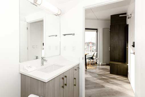 A bathroom with a sink, mirror, and a wooden cabinet.