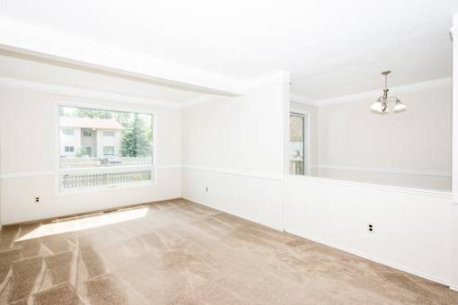 A large, empty room with a carpeted floor and a window overlooking a balcony.