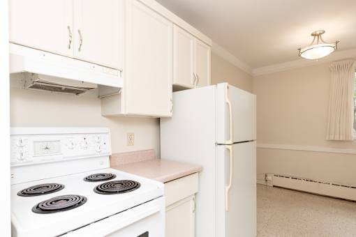 A white stove and refrigerator in a kitchen.