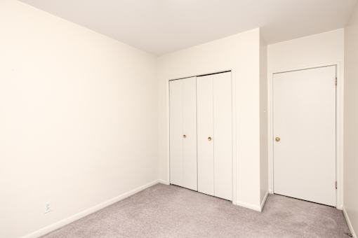A room with two white doors and a carpeted floor.