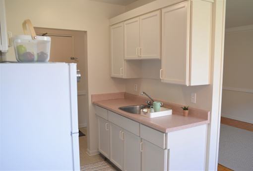 Compact kitchen with white cabinets, pink countertops, and view of the entry door at 359 Edison.