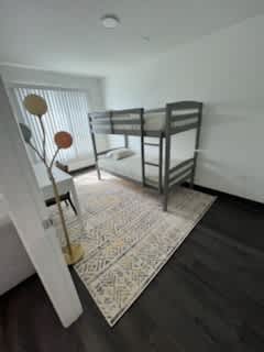 A room with a bunk bed and a rug.