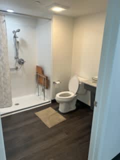 A white toilet sits in a bathroom with a wooden floor.
