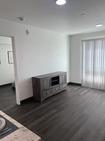 A modern living room with a dark wood floor and a white wall.