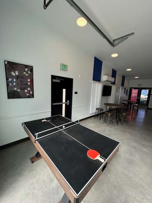 A ping pong table with a red dot in the middle.