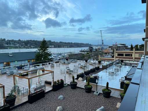 Exterior patio with water views at Harbor Heights 55+ Community, Olympia, Washington