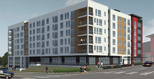 a rendering of a new apartment building on a city street at Elevation16 Apartments, Seattle, WA