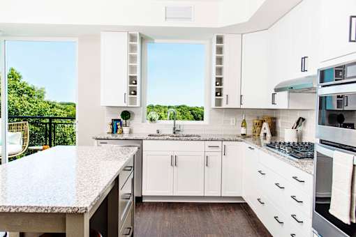 Modern kitchen with sleek stainless steel appliances, granite countertops, a built-in dishwasher, and a stylish gas range. Minnetonka, MN.