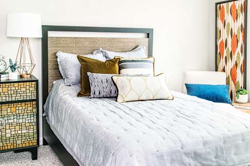 One-bedroom sleeping area flooded with natural light, showcasing a cozy atmosphere complemented by plush carpeting for ultimate comfort.