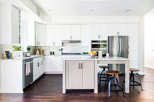 Modern kitchen with sleek stainless steel appliances, granite countertops, a built-in dishwasher, and a stylish gas range. Minnetonka, MN.