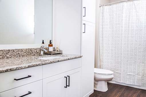 Inviting spare bathroom with elegant granite countertops, resilient stain-resistant plank flooring, and a modern shower.