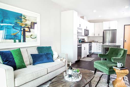 View from the living room capturing the warm and inviting ambiance, with stylish furniture and decor in the foreground. Beyond, the open kitchen is visible, adorned with modern appliances and a sleek design.