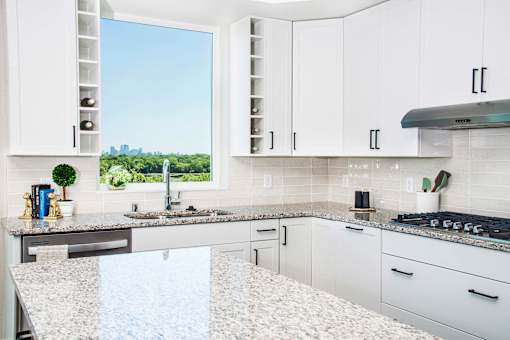 Modern kitchen with sleek stainless steel appliances, granite countertops, a built-in dishwasher, and a stylish gas range. Minnetonka, MN.