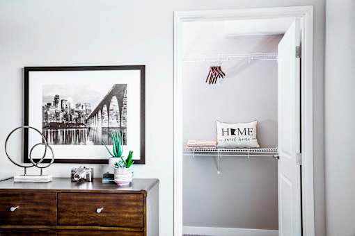 Spacious master bedroom walk-in closet featuring organized storage, providing a modern and efficient storage solution.