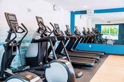 Vibrant fitness center within the apartment complex, equipped with modern amenities. The image captures a well-lit space filled with state-of-the-art exercise equipment, including treadmills, elliptical machines, and an array of free weights.