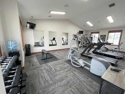 A well-equipped gym with treadmills, weights, and exercise machines.