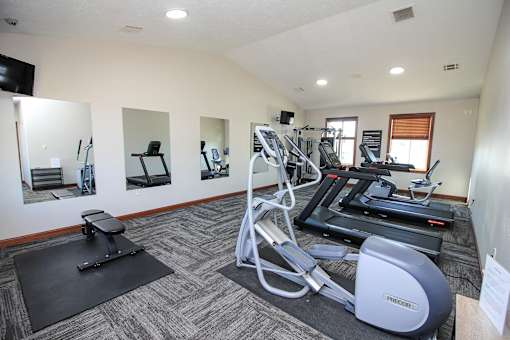 A gym with a treadmill, a stationary bike, a rowing machine, and a bench.