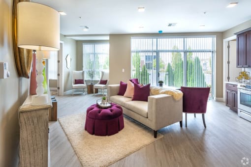 a living room with a couch and a table