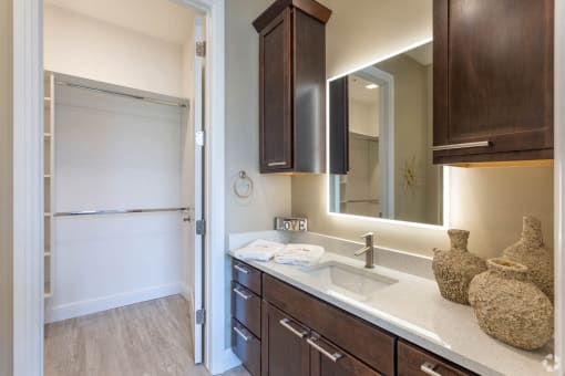 a bathroom with a sink and a mirror