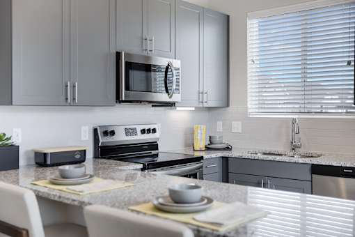 Stainless steel appliances and granite countertops at Avilla Oakridge in Forney, TX.