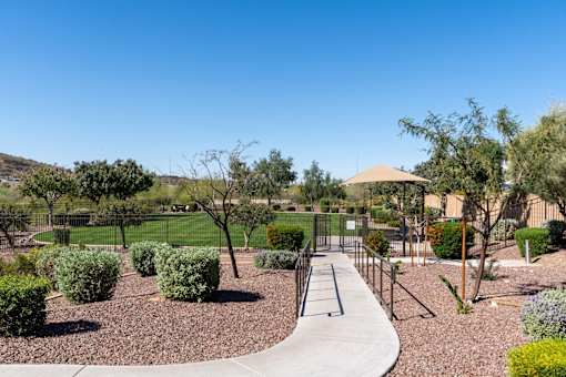 A park with a gravel path and a fence.