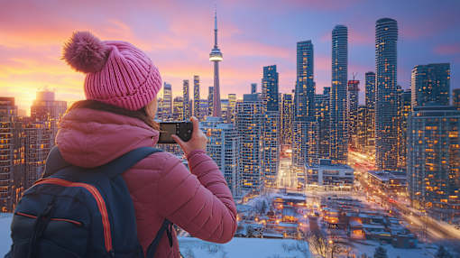 A person in a pink coat and hat is taking a photo of a city skyline at sunset.
