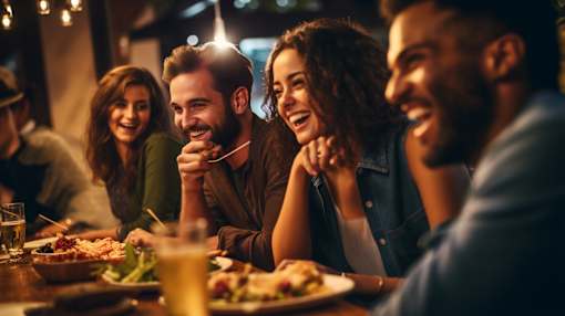 A group of people are enjoying a meal together at a restaurant.