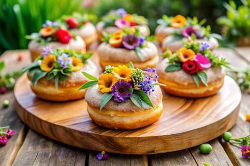 A wooden board with several decorated pastries on it.
