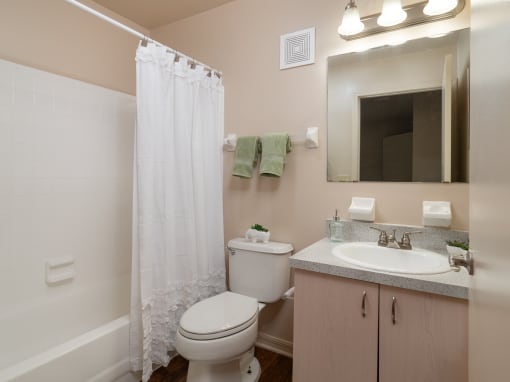 a bathroom with a shower and a toilet and a sink at The Fountains Apartments, Pensacola, 32514