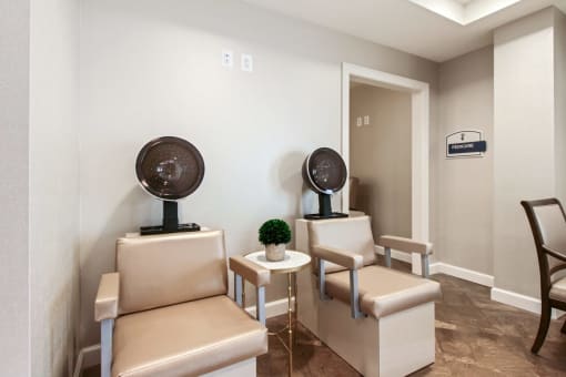 A room with two chairs and a table with a plant on it at White Springs Senior Living, Virginia