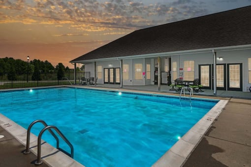 Crystal clear sparkling swimming pool at sunset at The Reserves of Thomas Glen, Shepherdsville, KY, 40165
