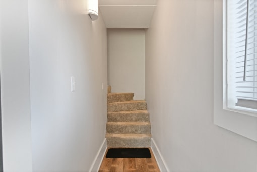 Carpeted staircase leading to upper level hallway at Fox Run Apartments, St. Charles, 60174