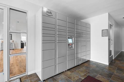 Package locker system in building entry area at Fox Run Apartments, St. Charles, IL