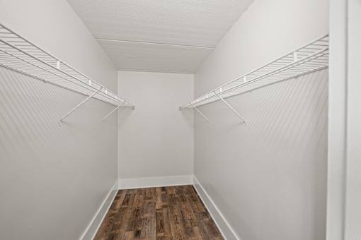 Walk-in closet with wire shelving at Fox Run Apartments, St. Charles, Illinois