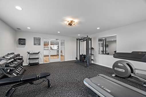 Fitness center with cable machine and free weights at Fox Run Apartments, St. Charles