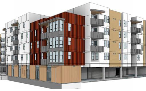 A 3D rendered image of a modern apartment complex.