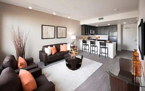 A modern living room with a brown sofa and a white rug.