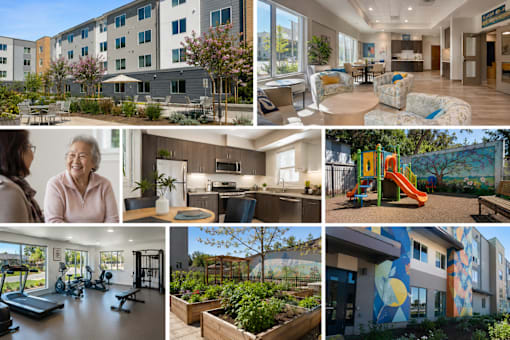 A collage of images showcasing a modern apartment complex with amenities such as a gym, fitness center, and outdoor spaces.
