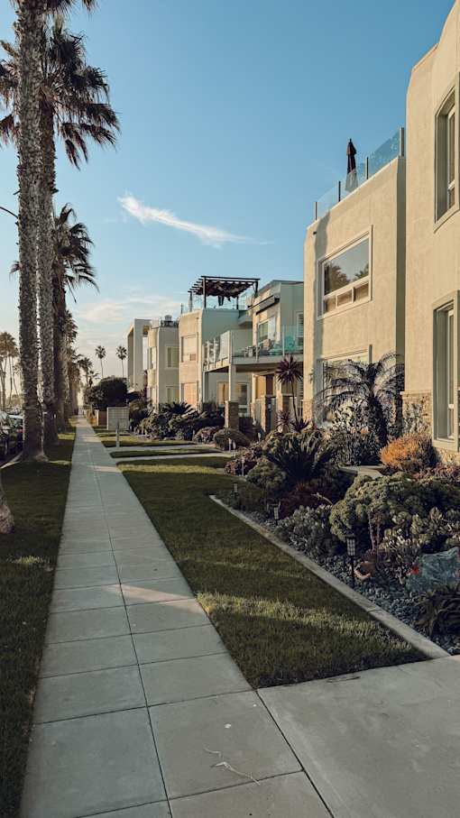 A long walkway leads to a row of houses with a palm tree on the left.