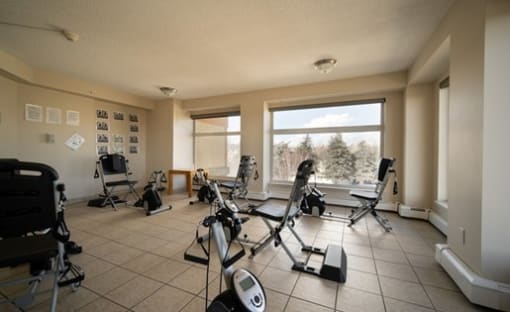 a room with a lot of exercise equipment in it