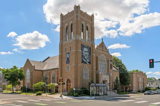 the church of the redeemer at the corner of a city street