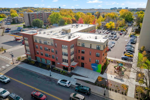 an aerial view of the building