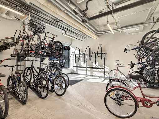 A bike shop with many bikes on display.