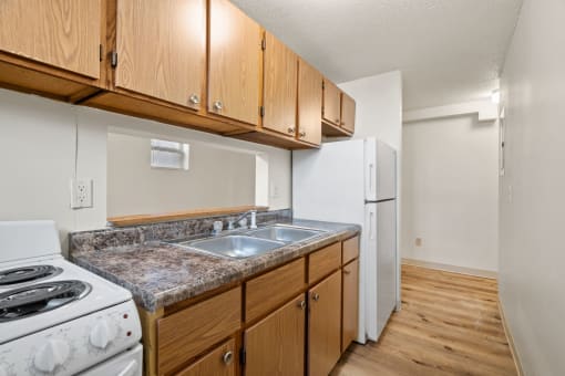 a kitchen with a sink and a stove and a refrigerator