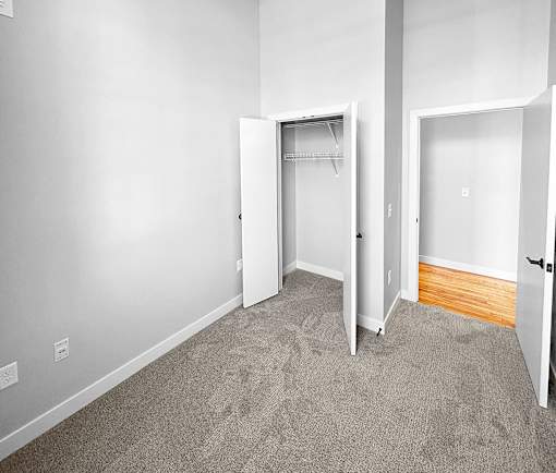 an empty room with carpet and a closet