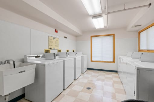a row of washers and dryers in a laundry room